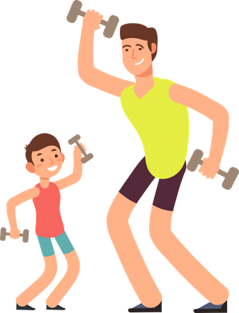Pai e filho fazendo exercícios físicos juntos  Ilustração
