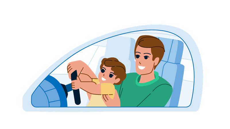 Pai e filho gostando de dirigir  Ilustração