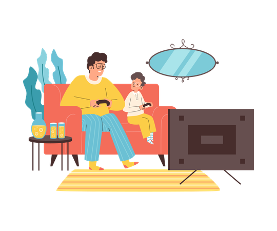 Pai e filho jogam videogame na sala de estar  Ilustração