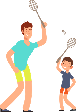 Pai e filho jogando badminton  Ilustração