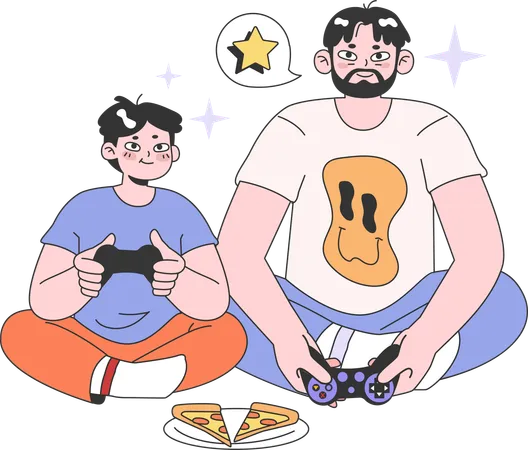 Pai e filho jogando videogame enquanto comem pizza  Ilustração