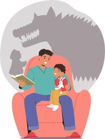 Pai e criança lendo livro de conto de fadas  Ilustração