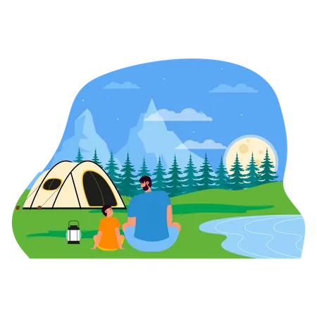 Pai e filho em acampamento de aventura  Ilustração