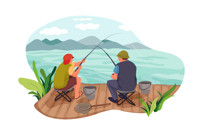 Pai e filho pescando  Ilustração