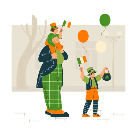 Pai e filhos vestindo fantasia verde de duende irlandês celebrando o feriado do dia de São Patrício na rua da cidade  Ilustração