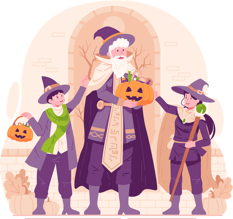 Pai e seu filho e filha vestidos com fantasias de Halloween prontos para doces ou travessuras  Ilustração