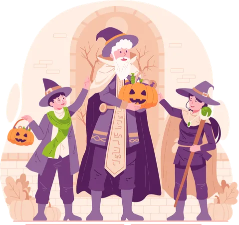 Pai e seu filho e filha vestidos com fantasias de Halloween prontos para doces ou travessuras  Ilustração