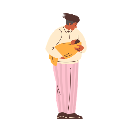 Pai embalando suavemente o bebê enquanto o segura nos braços  Ilustração
