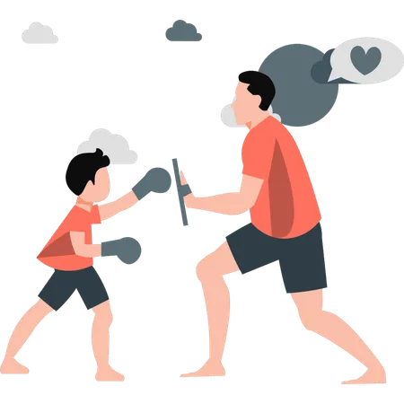 Pai ensina boxe para filho  Ilustração