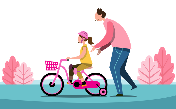 Pai ensina filha a andar de bicicleta no parque  Ilustração