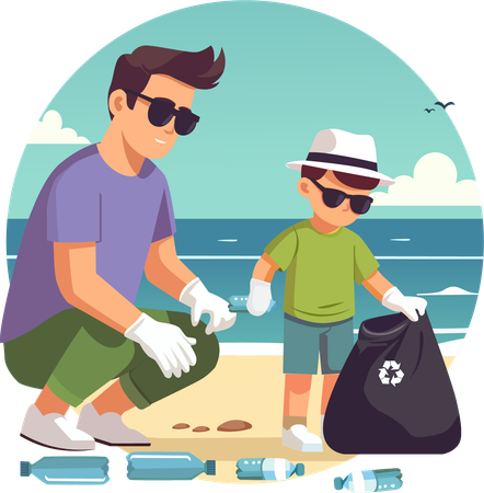 Pai ensina filho a ser voluntário recolhendo lixo na praia  Ilustração