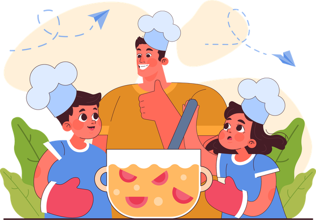 Pai ensinando a cozinhar para seus filhos  Ilustração