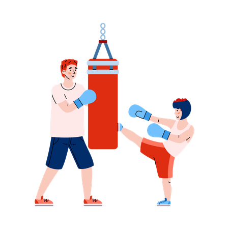 Pai ensinando atividade de boxe para criança  Ilustração