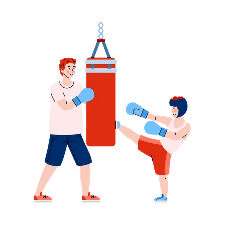 Pai ensinando atividade de boxe para criança  Ilustração