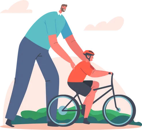 Pai ensinando ciclismo para filho  Ilustração