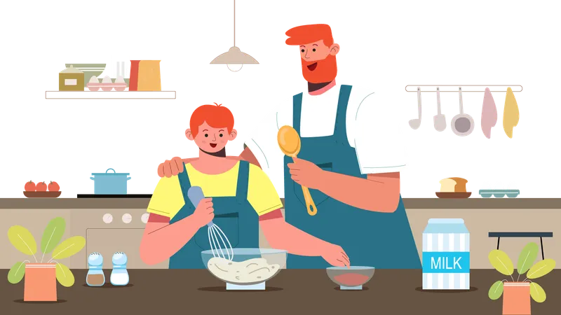 Pai ensinando filho a cozinhar  Ilustração