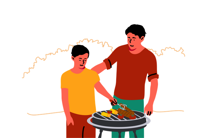 Pai ensinando filho a cozinhar churrasco  Ilustração