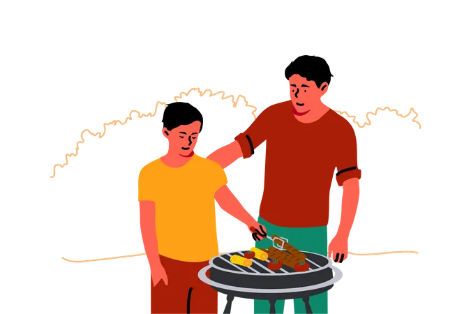 Pai ensinando filho a cozinhar churrasco  Ilustração