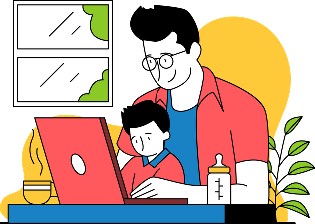 O pai está trabalhando enquanto cuida da criança  Ilustração