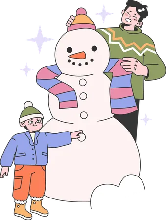 Pai fazendo boneco de neve com filho escondido  Ilustração