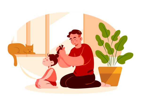 Pai fazendo o cabelo da filha  Ilustração
