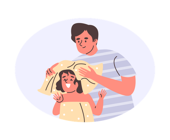 Pai feliz enxuga a cabeça do bebê com a toalha após o banho  Ilustração