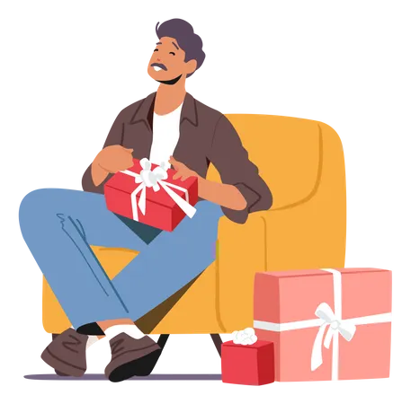 Pai feliz sentado em uma poltrona com uma caixa de presente nas mãos  Ilustração