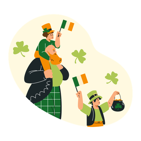 Pai e filhos vestindo traje tradicional irlandês verde comemorando o dia de São Patrício  Illustration