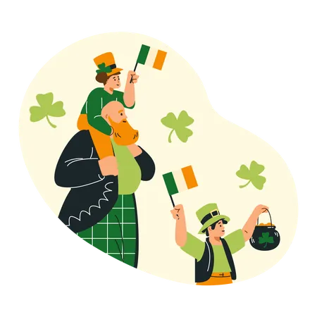 Pai e filhos vestindo traje tradicional irlandês verde comemorando o dia de São Patrício  Illustration