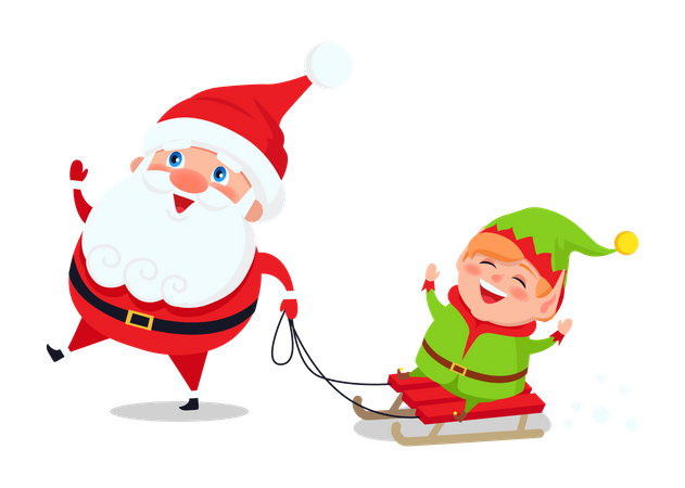 Papai Noel e anão andando de trenó e se divertindo  Ilustração