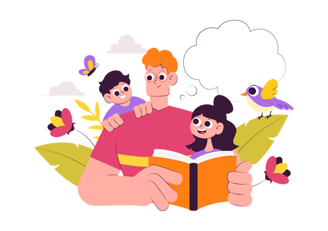 Pai lendo livro para crianças  Ilustração