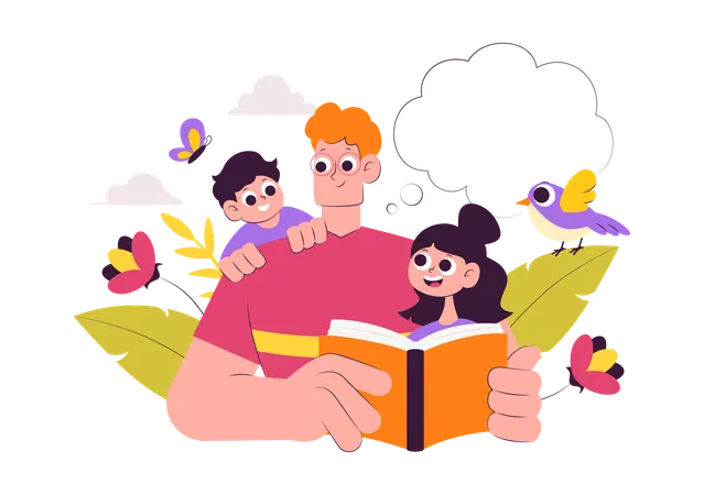 Pai lendo livro para crianças  Ilustração