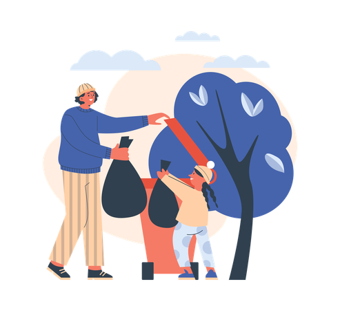 Pai levando lixo para fora com a filha  Ilustração