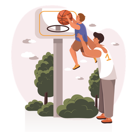 Pai levanta filho para jogar basquete  Ilustração