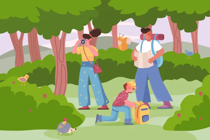 Pai, mãe e filha com mochilas caminhando na floresta  Ilustração