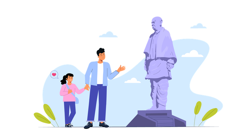 Pai mostrando a estátua da unidade para sua filha  Ilustração