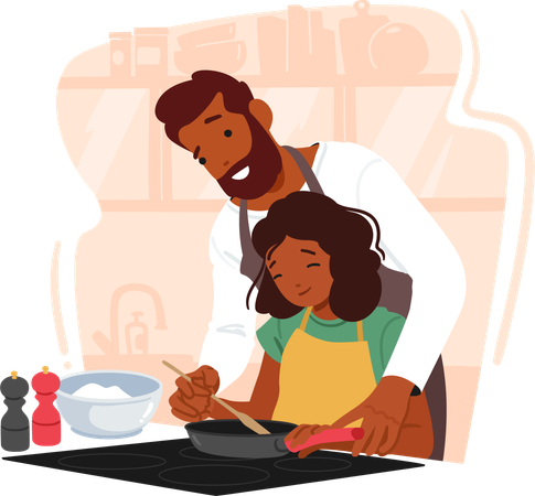 Pai guia pacientemente sua filha na arte de cozinhar  Ilustração