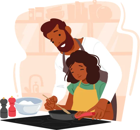 Pai guia pacientemente sua filha na arte de cozinhar  Ilustração
