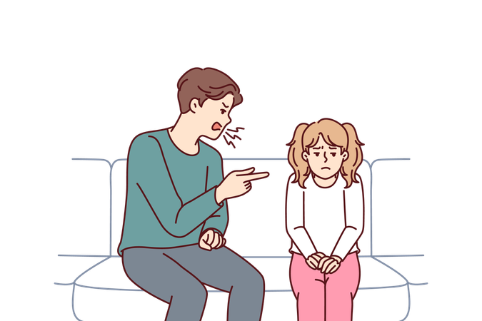 Pai repreendendo filha adolescente por causa de mau comportamento na escola, sentado no sofá  Ilustração