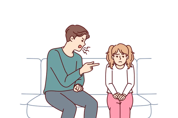 Pai repreendendo filha adolescente por causa de mau comportamento na escola, sentado no sofá  Ilustração
