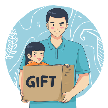 Pai segurando uma caixa de presente com a filha  Ilustração