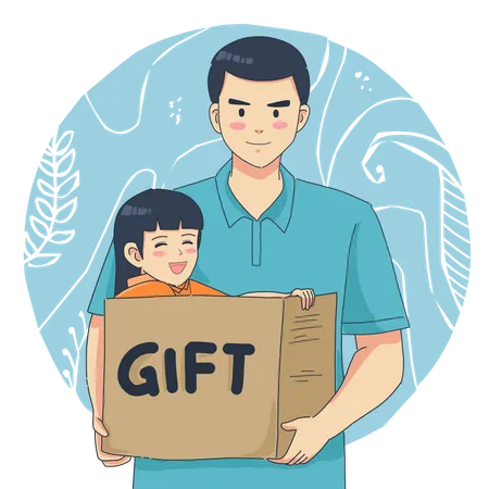 Pai segurando uma caixa de presente com a filha  Ilustração