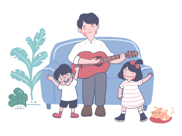 Pai tocando violão e cantando com filho e filha  Ilustração