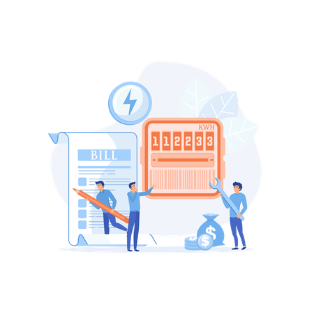 Paiement des factures de services publics. Dépenses de consommation d'électricité. Réparation technique, installation de compteurs, économie d'énergie.  Illustration