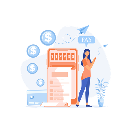 Paiement en ligne . Facture numérique. une jeune femme paie sa facture à l'aide d'un téléphone intelligent.  Illustration