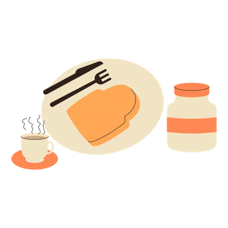 Pain de petit-déjeuner avec une tasse de café chaud  Illustration