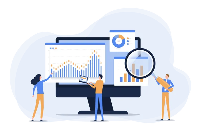 Painel de trabalho da equipe de negócios e gráfico de pesquisa  Ilustração