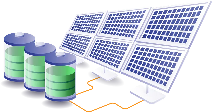 Painel solar armazena energia em baterias  Ilustração