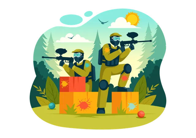 People Playing Paintball Vector Illustration Of Fighter Player Shooting With Gun Shoot Aim Attack In Field Scene In Flat Cartoon Background Illustration
