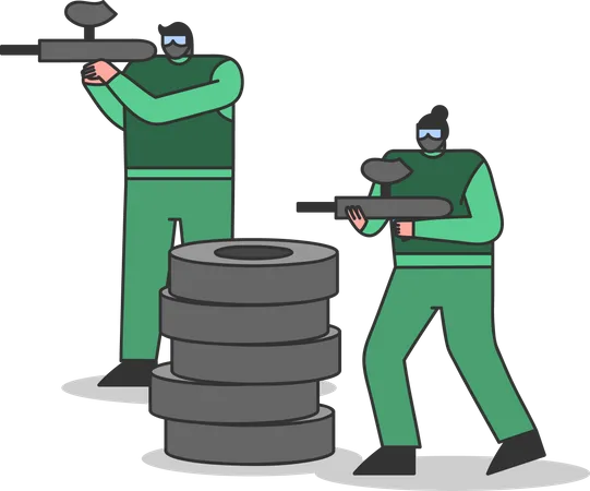 Paintball players playing game Illustration